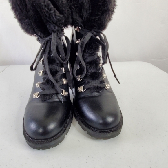 Guess Galway Leather Faux Fur Ankle Boot Size 10 Black Combat Bootie Lug Sole - Picture 9 of 15